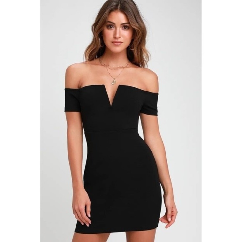 Lulus Dress Women Small Black Notched Off-the-Shoulder Mini Bodycon Cocktail